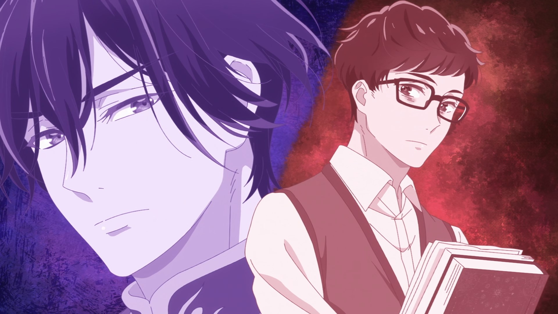 The huge face of a black haired pretty boy on the left, overshadowing the brown haired, glasses wearing tired protagonist's face on the right
